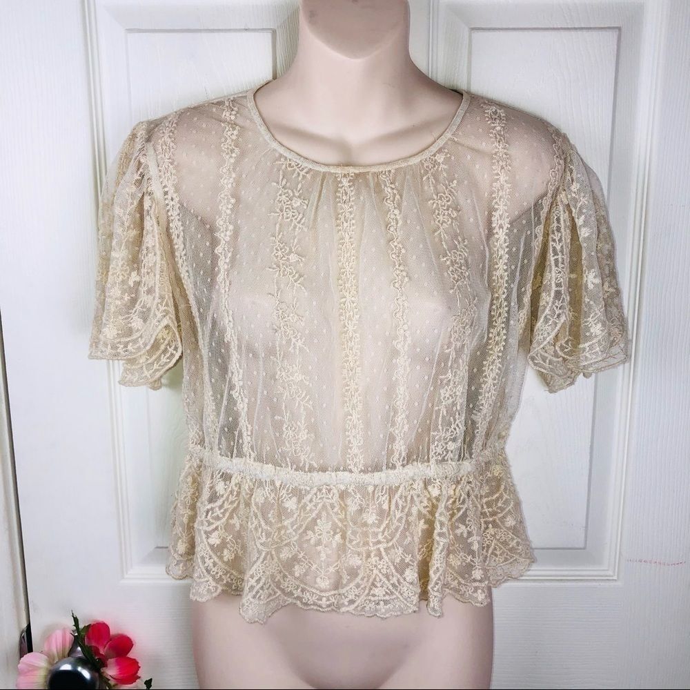 Zara crop Swiss dot lace peplum sheer top small
